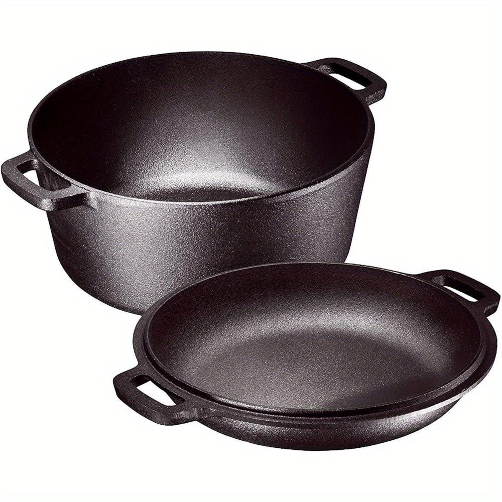 2-In-1 Pre-Seasoned Cast Iron Dutch Oven with Handles - Crock Pot Black Cast Iron Pot with Skillet Lid - All in 1 Cookware Braising Pan for Casserole Dish - 5 Quart - Black