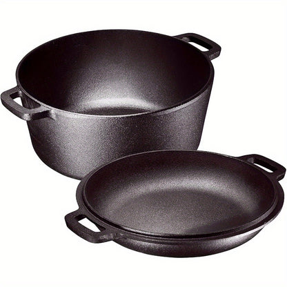 2-In-1 Pre-Seasoned Cast Iron Dutch Oven with Handles - Crock Pot Black Cast Iron Pot with Skillet Lid - All in 1 Cookware Braising Pan for Casserole Dish - 5 Quart - Black