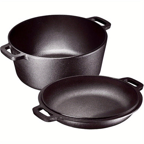 2-In-1 Pre-Seasoned Cast Iron Dutch Oven with Handles - Crock Pot Black Cast Iron Pot with Skillet Lid - All in 1 Cookware Braising Pan for Casserole Dish - 5 Quart - Black