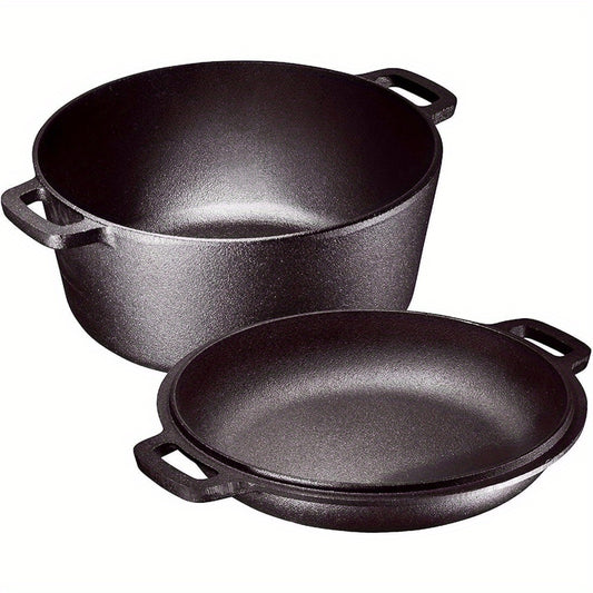 Cast Iron Dutch Oven 5 Quart Pre-Seasoned with Skillet Lid | 2-in-1 Non-Stick Crock Pot with Handles for Braising, Roasting & Casserole – All-in-One Cookware, Black