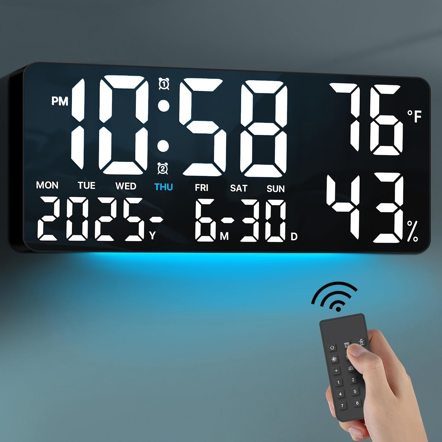 14.6" Large Digital Wall Clock with Remote Control, Dual Alarm, Big LED Display, Night Light, Humidity, Date, Week, Temp - Perfect Father'S Day Gift for Living Room, Bedroom, Elderly