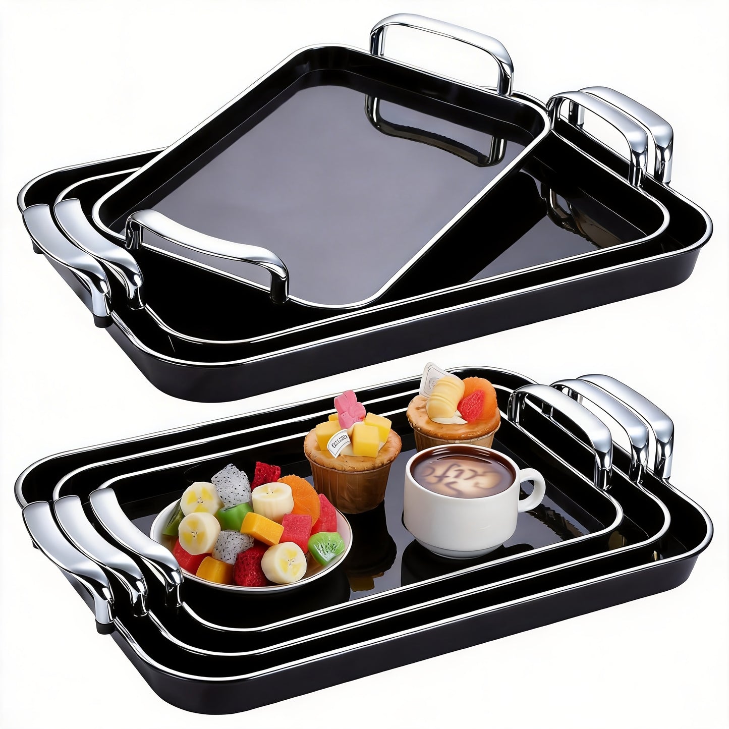 3pcs Handled Tray Set, Measuring 16.5/15/13.2 Inches, Ideal for Serving Food at Large Gatherings. Reusable White Plastic Rectangular Trays Perfect for Holding Meals, Dinners, Cakes, Turkey, Cheese, Fruit, And Appetizers