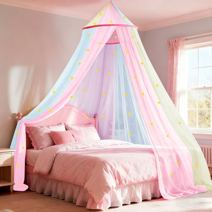 Bed Canopy for Girls Princess Rainbow Glow in the Dark Stars Colorful Canopy Curtain Fits Single Full Queen Size Bed Kids Room Decor Ceiling Tent Netting Machine Washable