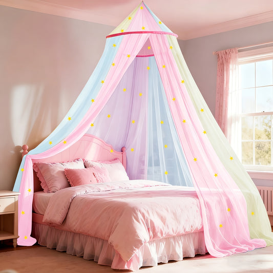 Princess Rainbow Bed Canopy for Christmas with Glow-In-The-Dark Stars, Colorful Canopy Curtains Fits Single Full, Queen Size Bed, Bedroom Additions, Netting Room Decor, Ceiling Tent
