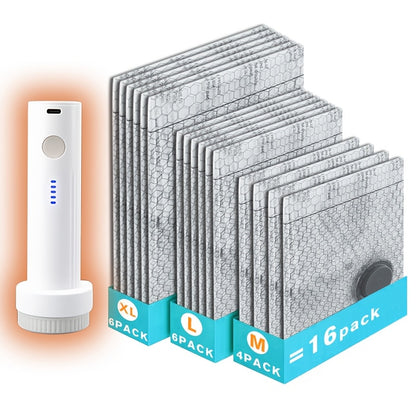 16/10/6pcs, Portable Vacuum Storage Bag, Wireless Electric Pump, USB Charging, Travel Air Pump, Suitable for Travel, Camping, Backpacks, Suitcases, Wardrobe Storage Of Clothes, Blankets, Duvets, Pillows, Bedding, Space-saving Storage Bags