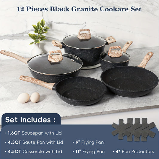 Pots and Pans Set 12-Piece Non-Stick Kitchen Cookware – Complete Cooking Set with Frying Pan | Durable Even-Heating Non-Stick Coating | Available in Black & White | Home Kitchen Essentials