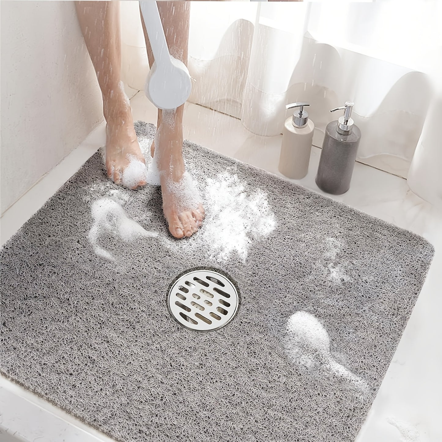 Square Shower Mat, Non-Slip Bath Mat for Tub, Soft PVC Loofah Bathtub Mats with Drain Holes, Quick-Dry Bathroom Stall Floor Mat Without Suction Cup, 24 X 24 Inches