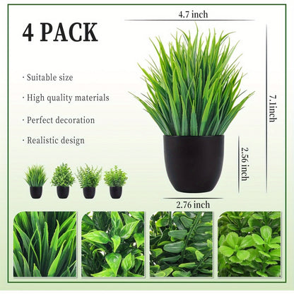 Artificial Plants 4 Pack Small Fake Plants in Black Pots for Bathroom Home Office Desktop Indoor Decor - Mini Faux Greenery Set for Shelf Table Desk