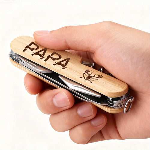 1pc 9in 1 Multi Purpose Key Ring Tool with Scissors, Screwdriver and Bottle Opener Etc. Wood Handle Portable and Utility Tool for Home, Camping, Emergency Lightweight and Durable Design, Camping Essential, Camping Accessories