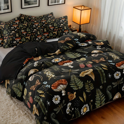 A Bedding And Quilt Cover Set Featuring a 3pcs Design with a Forest Mushroom Pattern Made of Polyester, Ideal for Bedrooms And Guest Accommodations. The Quilt Cover Is Soft And Cozy