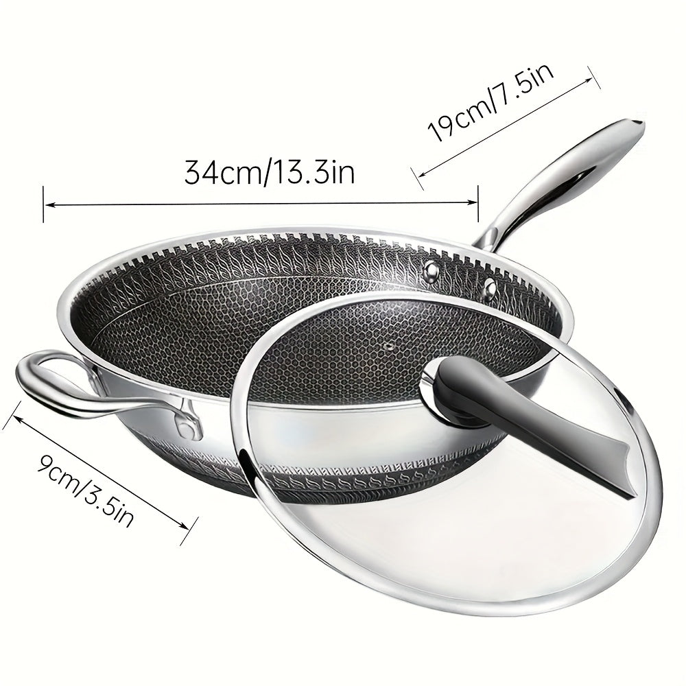 13.3Inch Stainless Steel Non-stick Wok With Lid And 2pcs Cookware Accessories, Honeycomb Design, Home Cooking Pan, Induction Cooker, Electric Ceramic Stove And Kitchenware
