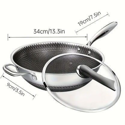 13.3Inch Stainless Steel Non-stick Wok With Lid And 2pcs Cookware Accessories, Honeycomb Design, Home Cooking Pan, Induction Cooker, Electric Ceramic Stove And Kitchenware
