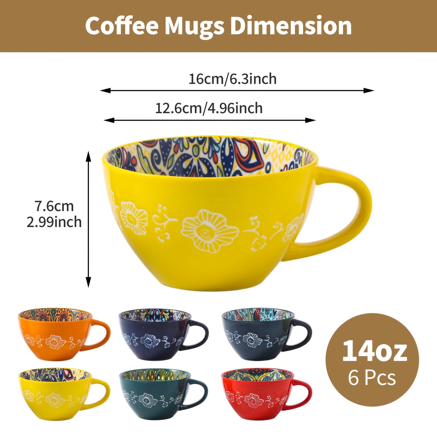 TAUFIKT 6pcs Bohemian Ceramic Breakfast Mug - 15oz Large Capacity, Microwave Safe for Hot Drinks & Cold Beverages, Perfect Gift for Halloween, Thanksgiving, Christmas