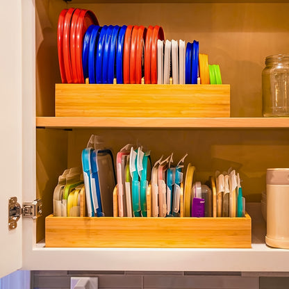 Adjustable Bamboo Lid Holder For Kitchen Cabinets, Organizer With 5 Dividers For Plastic Food Container Lids, Includes Writable Labels