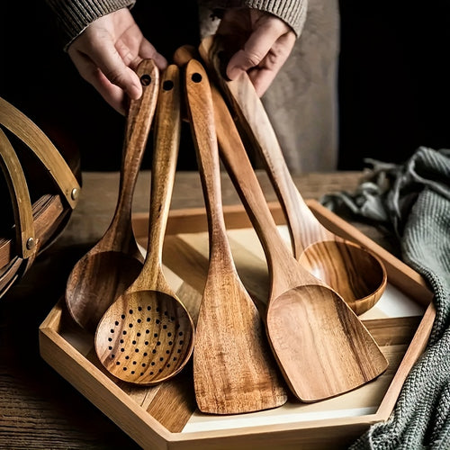 3/5/7Pcs Premium Wooden Kitchen Utensils Kit -Ergonomic Handles Natural Wooden Spoons Spurtle Ladle and Wok Spatulas Heavy-Duty Wooden Utility Set for Non-Stick Pans Heat Resistant Easy to Clean and Durable Kitchen Essentials Cookware Accessories