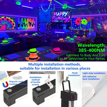 8pcs Set, UV Black Light Bars and Strips, Plastic, 385-400nm, USB Powered 5V, Switch Control, for Glow Party, Neon Party, Halloween, Body Painting, Birthday Party, Fluorescent Painting, 4pcs 32cm/12.6in 40LEDs + 4pcs 250cm/8.2ft 60LEDs/M