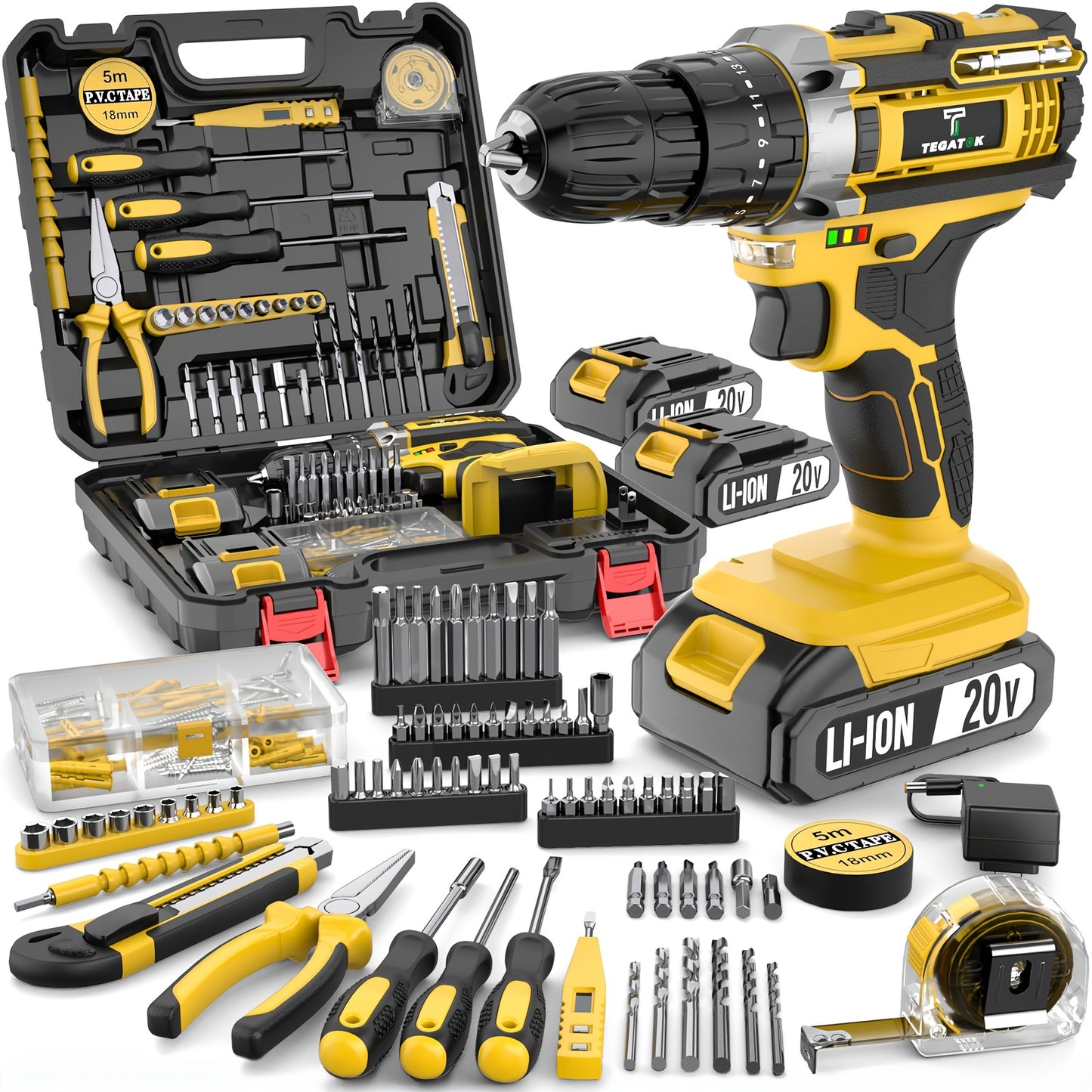20V Cordless Drill Set, Impact Power Drill with 3/8 Inch Keyless Chuck, 18+3 Clutch Electric Drill with Work Light, Max Torque 45Nm, 2-Variable Speed And 2.0AH Batteries And Fast Charger