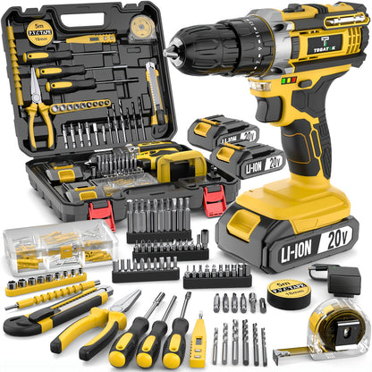 20V Cordless Drill Set, Impact Power Drill with 3/8 Inch Keyless Chuck, 18+3 Clutch Electric Drill with Work Light, Max Torque 45Nm, 2-Variable Speed And 2.0AH Batteries And Fast Charger