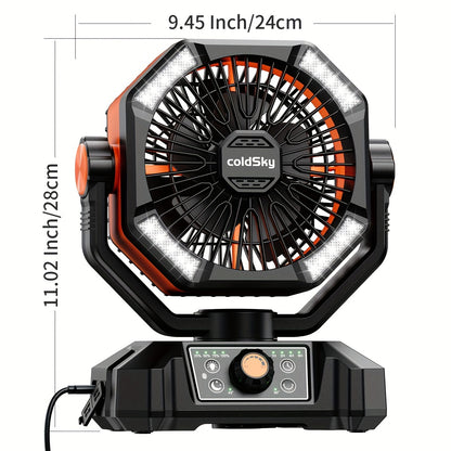 Battery Powered Camping Fan 20000mAh - 8-Speed Dual Motor Desk Fan with 4 LED Lanterns, Hook & Remote Control | Portable Outdoor Fan for Tent, Power Outage & Construction Site | Green, Black & Orange
