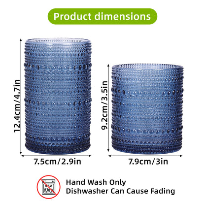 WHONLINE 12 PCS Hobnail Drinking Glasses, Party Cup,12 Oz Highball Glasses & 10 Oz Glasses, Embossed Boho Glass Cups Kitchen Tumbler Glassware For Tea, Beer, Juice, Milk, Hand Wash Only (Dishwasher Can Cause Fading)