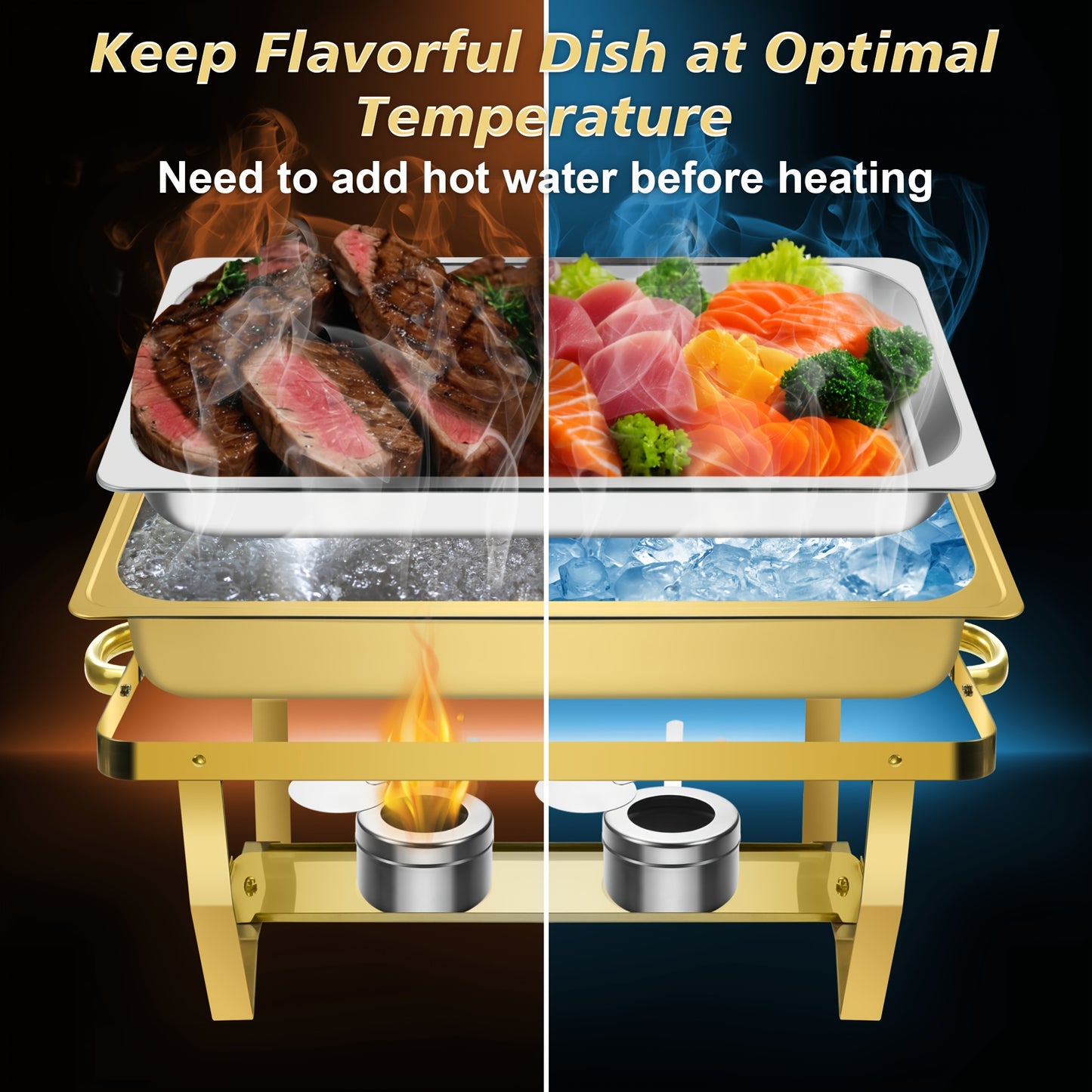 1 & 4 Pack Chafing Dishes for Buffet, 8QT Golden Chafing Dish Buffet Set Full Size, High Grade Stainless Steel Chafers And Buffet Warmers Sets with All-Golden Serving Tongs, Food Warmers for Parties(Only for Cooking), Only for Cooking