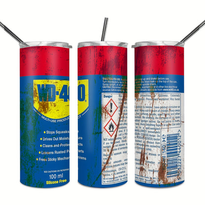 One 20Oz Stainless Steel Tumbler Featuring a WD-40 Design, Complete with a Lid And Straw. Keeps Drinks Hot for 6 Hours And Cold for 12. an Ideal Gift for Men, Enthusiasts, And Mechanics. Perfect for Use in The Garage, Workshop