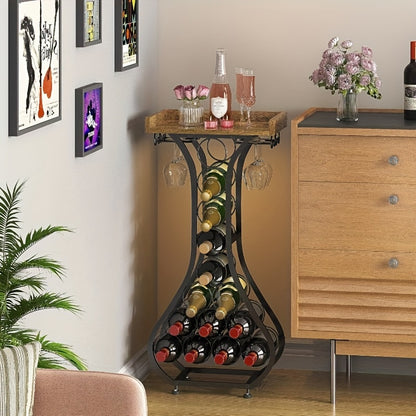 Wine Rack Freestanding Floor, Mini Bar Table Wine Holder Stand Liquor Cabinet with Glass Holder Wood Tabletop 14 Bottles Floor Wine Storage for Home Bar Kitchen Living Room
