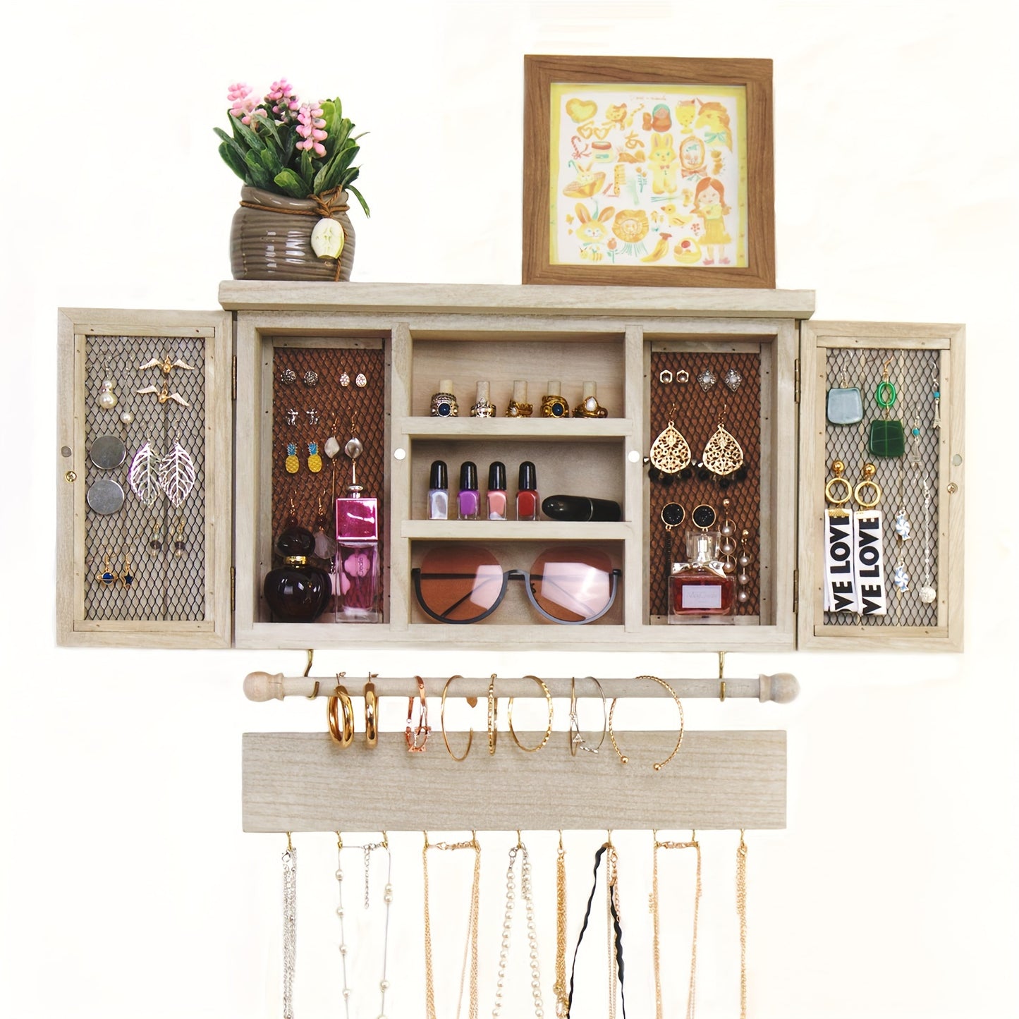 1pc Wood Wall-Mounted Jewelry Organizer with Removable Bracelet Rod & Hooks - Powder-Coated Suitable for Necklaces,, Bracelets Holder, Space-Saving Hanging Shelf for Rings, Powder-Coated for Decor,, Dressing Room, Hanging Jewelry Organizers