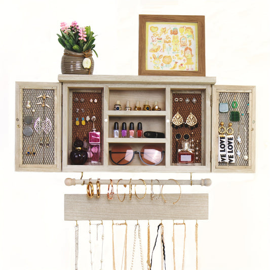 1pc Wood Wall-Mounted Jewelry Organizer with Removable Bracelet Rod & Hooks - Powder-Coated Suitable for Necklaces,, Bracelets Holder, Space-Saving Hanging Shelf for Rings, Powder-Coated for Decor,, Dressing Room, Hanging Jewelry Organizers
