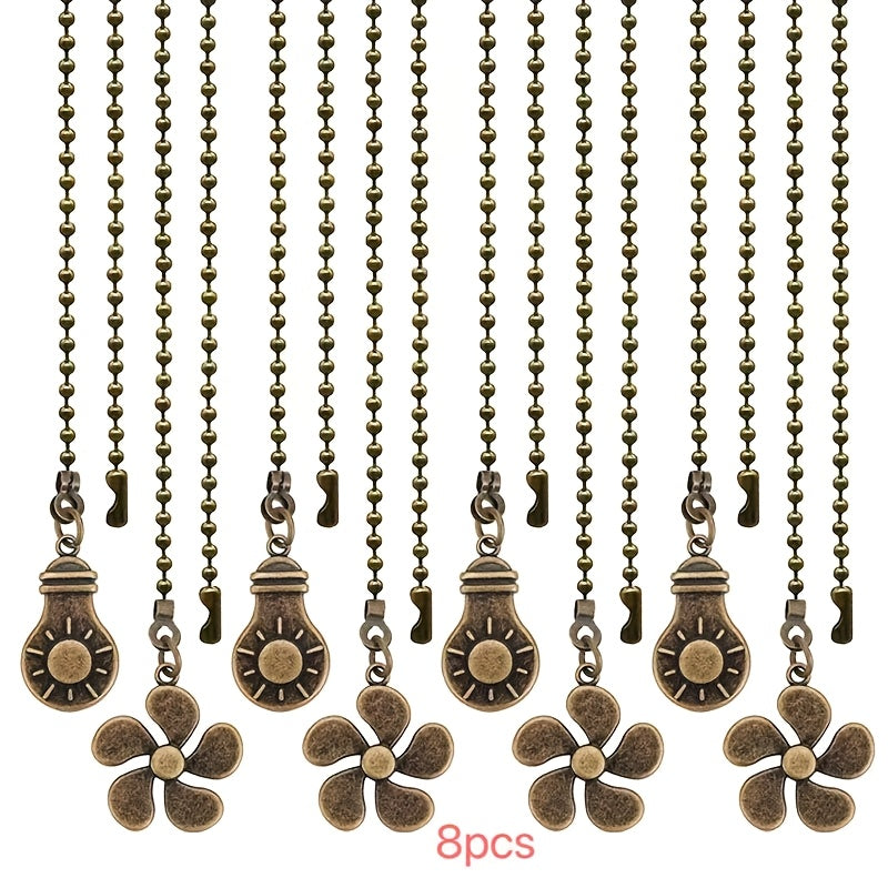Ceiling Fan Pull Chain Extension Set of 8 - Decorative Bead Chain Pull Cord with Five-Leaf & Bulb Pendants, Iron Chain & Zinc Alloy, Bronze, Black, White, Red, Multi-Color, No Batteries Required