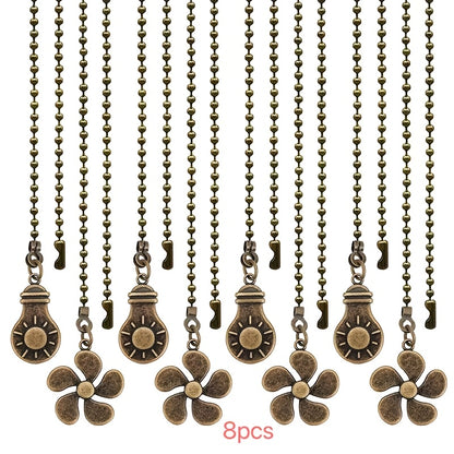 Ceiling Fan Pull Chain Extension Set of 8 - Decorative Bead Chain Pull Cord with Five-Leaf & Bulb Pendants, Iron Chain & Zinc Alloy, Bronze, Black, White, Red, Multi-Color, No Batteries Required