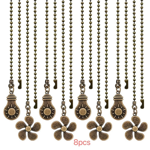 Ceiling Fan Pull Chain Extension Set of 8 - Decorative Bead Chain Pull Cord with Five-Leaf & Bulb Pendants, Iron Chain & Zinc Alloy, Bronze, Black, White, Red, Multi-Color, No Batteries Required