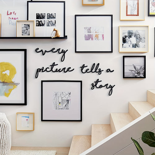 Black Metal Wall Art "Every Picture Tells a Story" - Vertical Rectangular Contemporary Picture Frame Design with White Border, Photo Display for Home Decor, Anniversary Gift, Picture Collage Wall Décor (Easy-Hang Metal