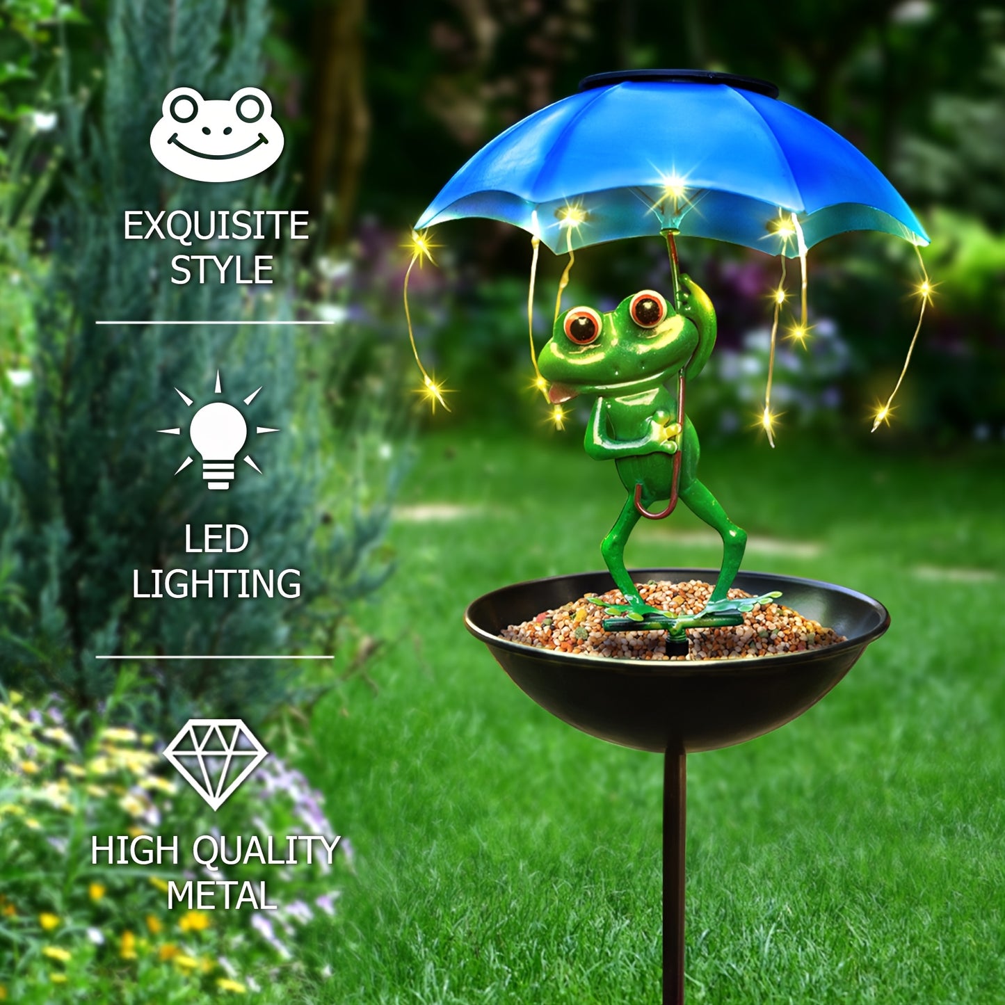 Garden Decor for Outside Solar Outdoor Lights, Wild Bird Feeder, Iron Frog with Umbrella with LED Lights, Valentines Gifts, Ideal for Patios, Lawns, Pathways, Decks