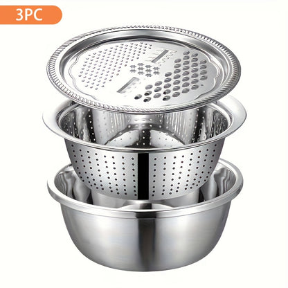 3pcs Stainless Steel Kitchen Set with Integrated Grinder, Multifunctional Filter And Mixing Bowl for Cleaning And Slicing Fruits, Vegetables, Cheese - Food Safety Preparation Bowl with Drainage System Father's Day Gifts