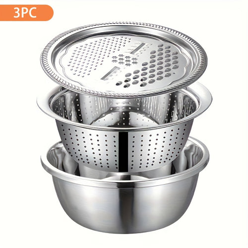 3pcs Stainless Steel Kitchen Set with Integrated Grinder, Multifunctional Filter And Mixing Bowl for Cleaning And Slicing Fruits, Vegetables, Cheese - Food Safety Preparation Bowl with Drainage System Father's Day Gifts