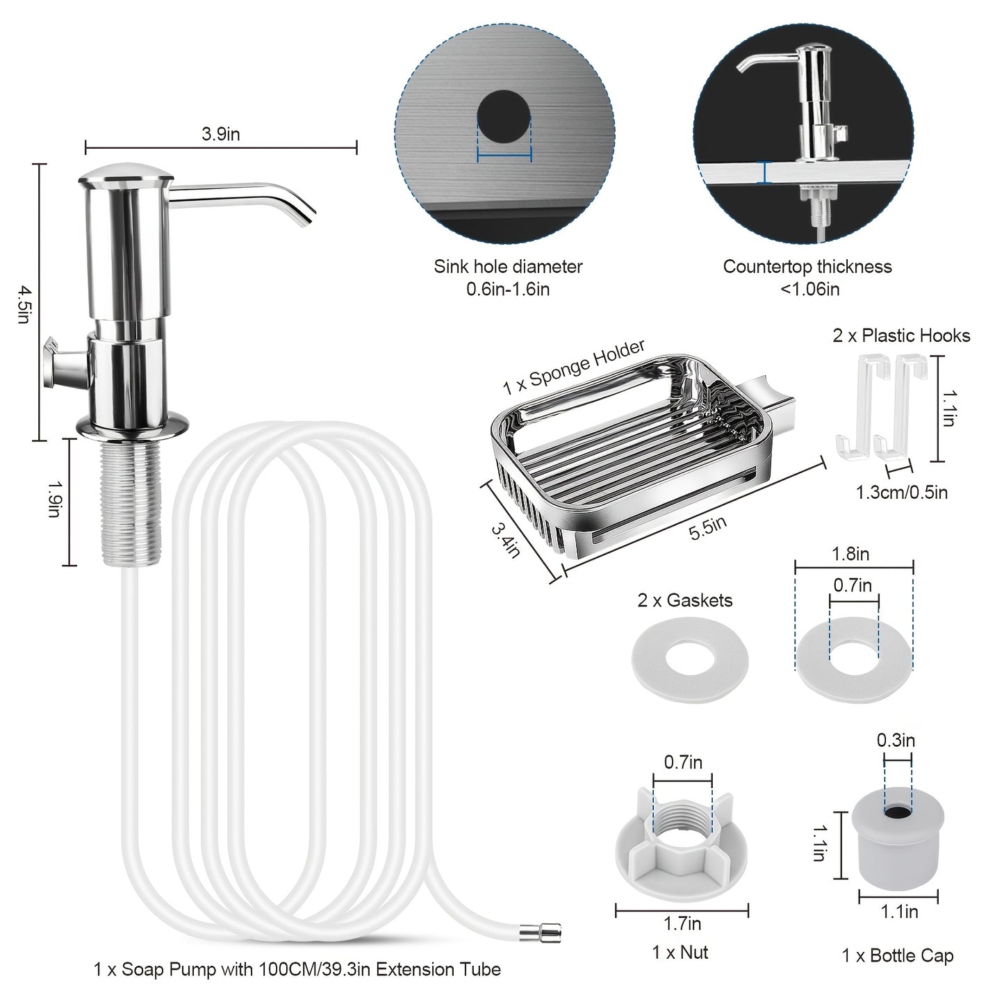 360-Degree Rotating Soap Dispenser Set, Soap Pump with Sponge Holder & 39" Extension Tube, Easy DIY Installation for Kitchen Sink, Bathroom Counter & Laundry Room