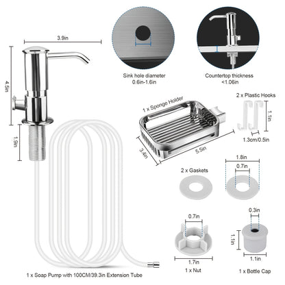 360-Degree Rotating Soap Dispenser Set, Soap Pump with Sponge Holder & 39" Extension Tube, Easy DIY Installation for Kitchen Sink, Bathroom Counter & Laundry Room