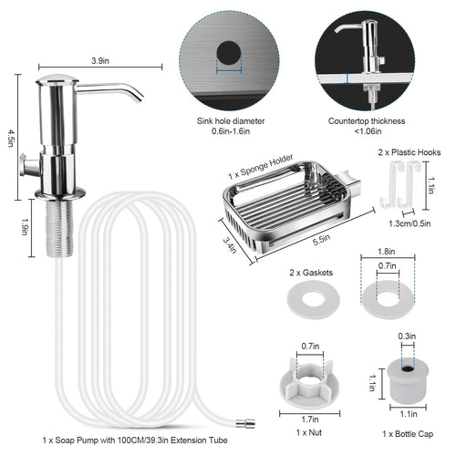 360-Degree Rotating Soap Dispenser Set, Soap Pump with Sponge Holder & 39" Extension Tube, Easy DIY Installation for Kitchen Sink, Bathroom Counter & Laundry Room