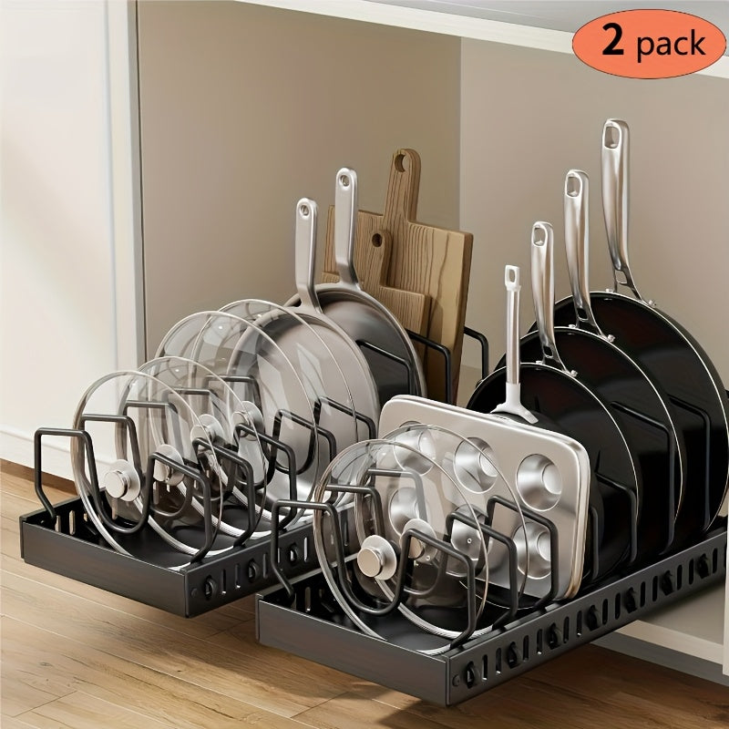 Pull Out Pot Lids Organizer Rack, 2pcs Pots And Pans Organizer for Under Cabinet, Pot Lid Holder with 8 Adjustable Compartment for Kitchen Cabinet Cookware Baking
