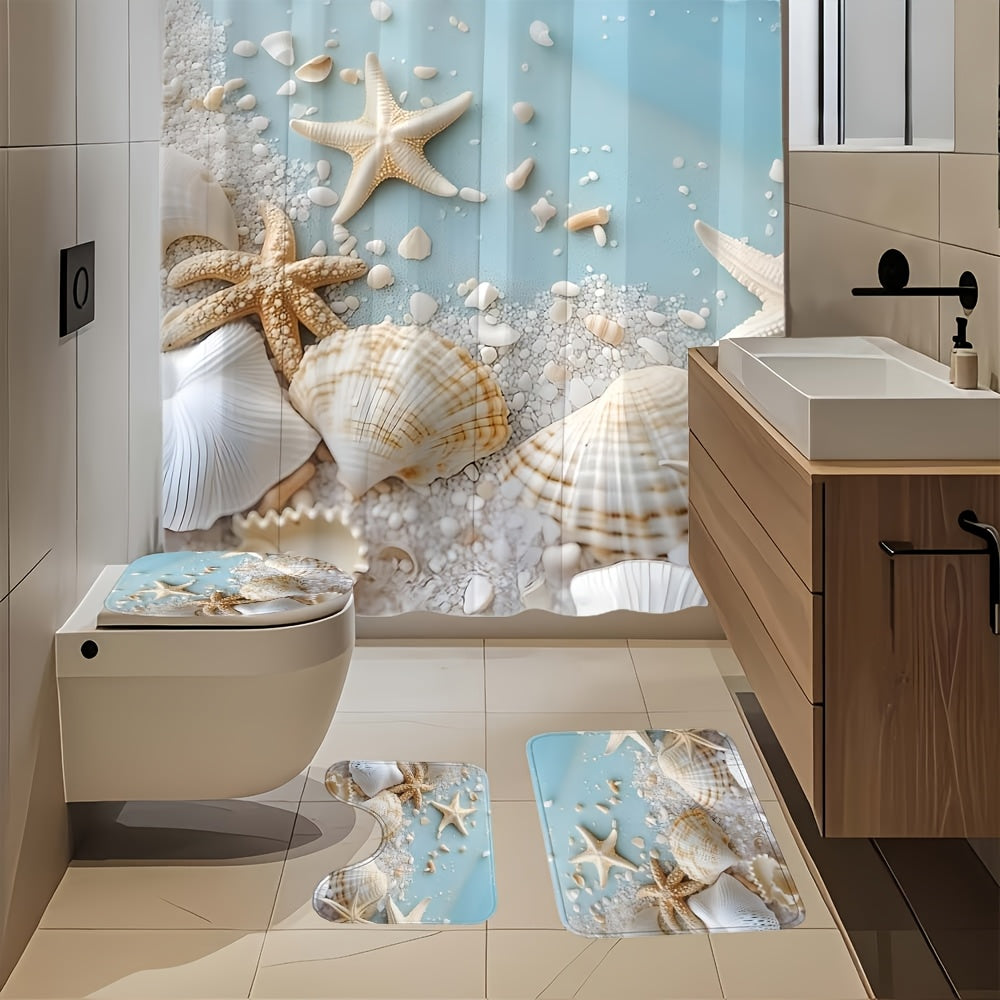Set of 1/4pcs Shower Curtain Featuring a Sea Star Shell Design, Made from Polyester And Includes 12 Hooks. It Comes with a Non-Slip Floor Mat, a U-Shaped Toilet Pad, And a Lid Pad, Perfect for Room Decoration And Bathroom Additions