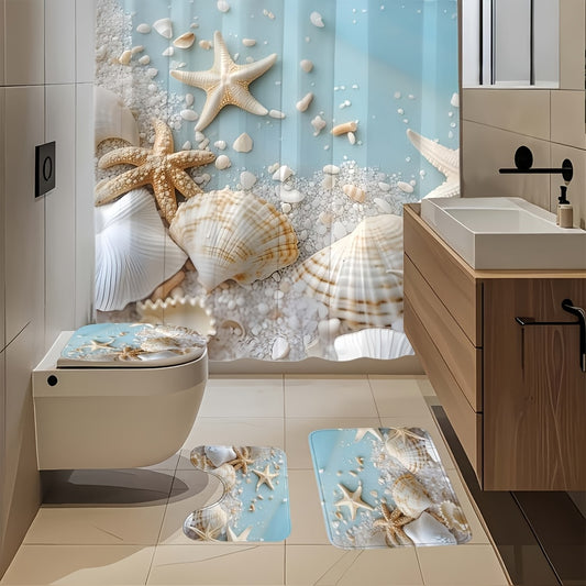 Set of 1/4pcs Shower Curtain Featuring a Sea Star Shell Design, Made from Polyester And Includes 12 Hooks. It Comes with a Non-Slip Floor Mat, a U-Shaped Toilet Pad, And a Lid Pad, Perfect for Room Decoration And Bathroom Additions