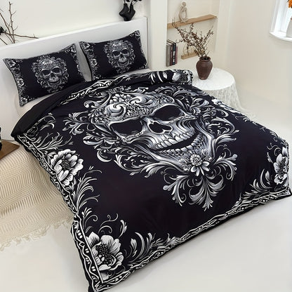 3pcs Black And White Skull Design Victoria Baroque Gothic Duvet Cover Set (1 Duvet Cover + 2 Pillowcases Without Pillow Insert), Halloween Collection, High Definition Numeric Print for Queen And King Size in Home Dormitory