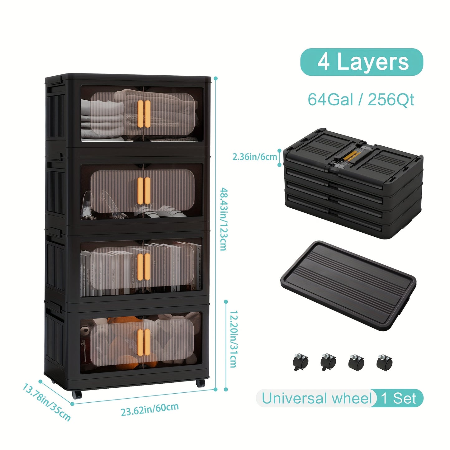 4/5 Tier Large Double Door Storage Locker & Bin, Collapsible Stackable Sturdy Space-Saving Plastic Organizer with 360° Rotatable Lockable Wheels - All-Purpose Organizer for Dorm, Office, Closet, Living Room, Gym, School, Garage, Bedroom, Basement