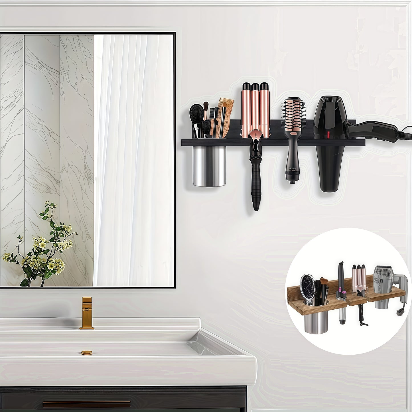 Wall Mounted Wooden Hair Tool Organizer, Multi-Functional Storage Rack for Hair Dryer, Curling Iron, Hair Straightener, Brushes, for Bathroom Salon Home Use, Rustic Stylish Practical Design, Shelves