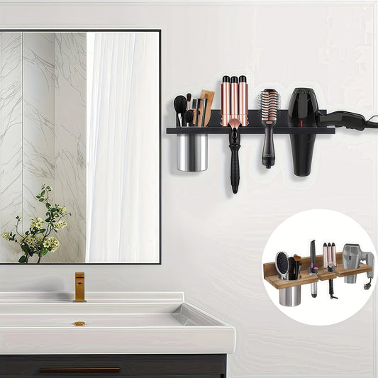 Wall Mounted Wooden Hair Tool Organizer, Multi-Functional Storage Rack for Hair Dryer, Curling Iron, Hair Straightener, Brushes, for Bathroom Salon Home Use, Rustic Stylish Practical Design, Shelves