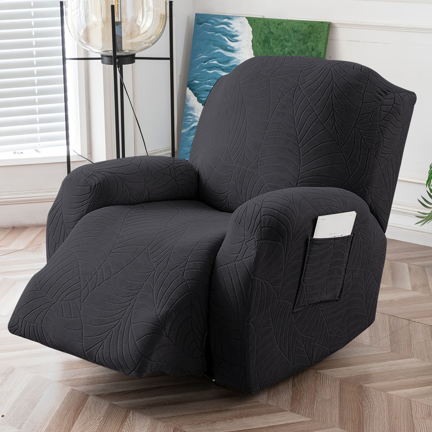 Recliner Chair Cover Slipcover 4-Piece Set – Leaf Jacquard Stretch Furniture Protector with Storage Pocket, Non-Slip Recliner Sofa Cover for Living Room, Machine Washable, 6 Colors Available