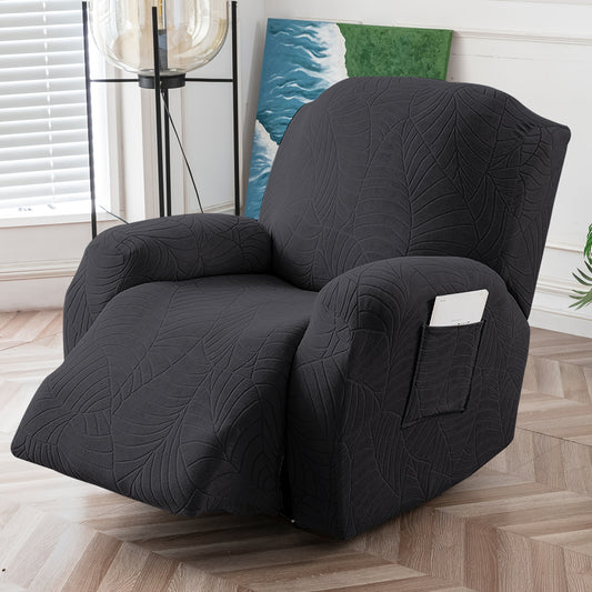 Recliner Chair Cover Slipcover 4-Piece Set – Leaf Jacquard Stretch Furniture Protector with Storage Pocket, Non-Slip Recliner Sofa Cover for Living Room, Machine Washable, 6 Colors Available