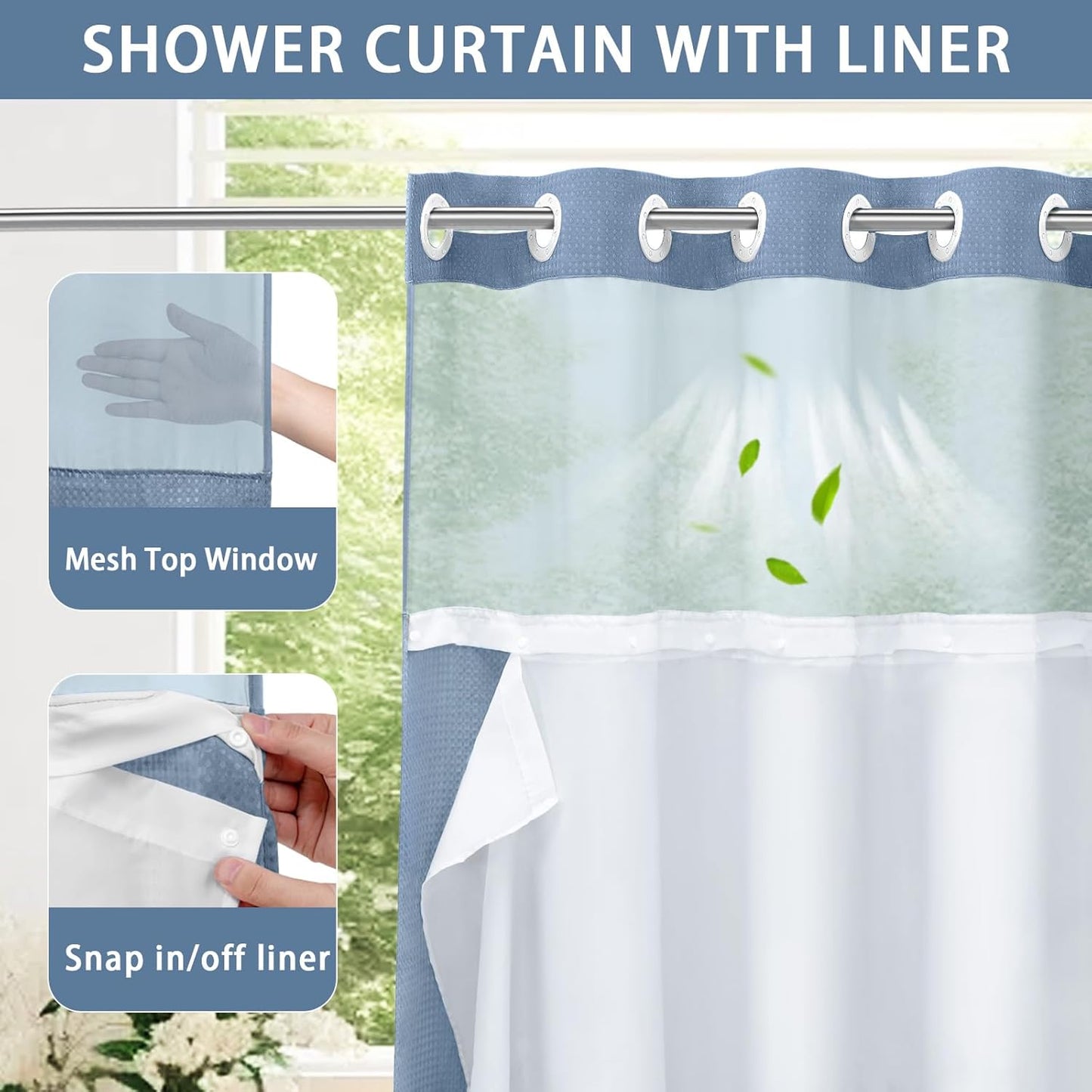 Hookless Waffle Shower Curtain & Liner Set with Snap-In Installation - Double-Layer Bathroom Decor, Waffle Texture Design, Window Panel - Modern Home & Hotel Shower Curtain Combo, Easy-Clean Polyester Fabric, Ideal Gift for Bathroom Upgrade