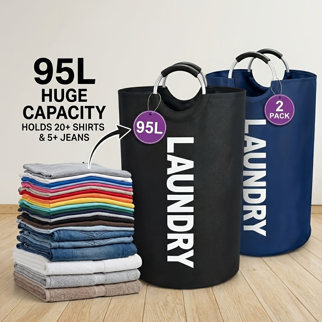 2pcs 95L/25.1 Gallon Extra-Large Foldable Laundry Basket Set | Thickened Waterproof Oxford Cloth Tall Freestanding Storage Baskets, Perfect for Bedroom/Bathroom/Dorm/Wardrobe Organization, Ideal Home Decor & Holiday Gift, Shelf Baskets